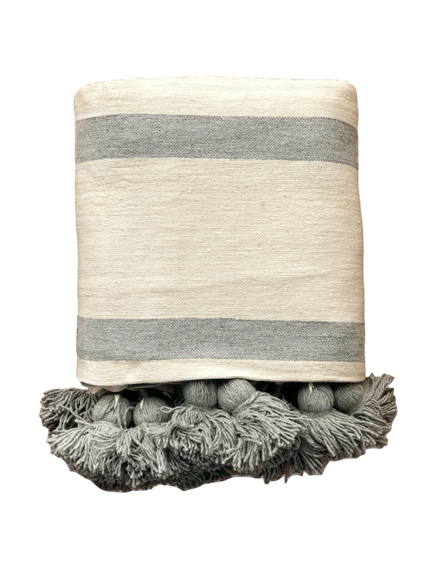 Large Cream & Gray Striped Cotton Pom Pom Blanket