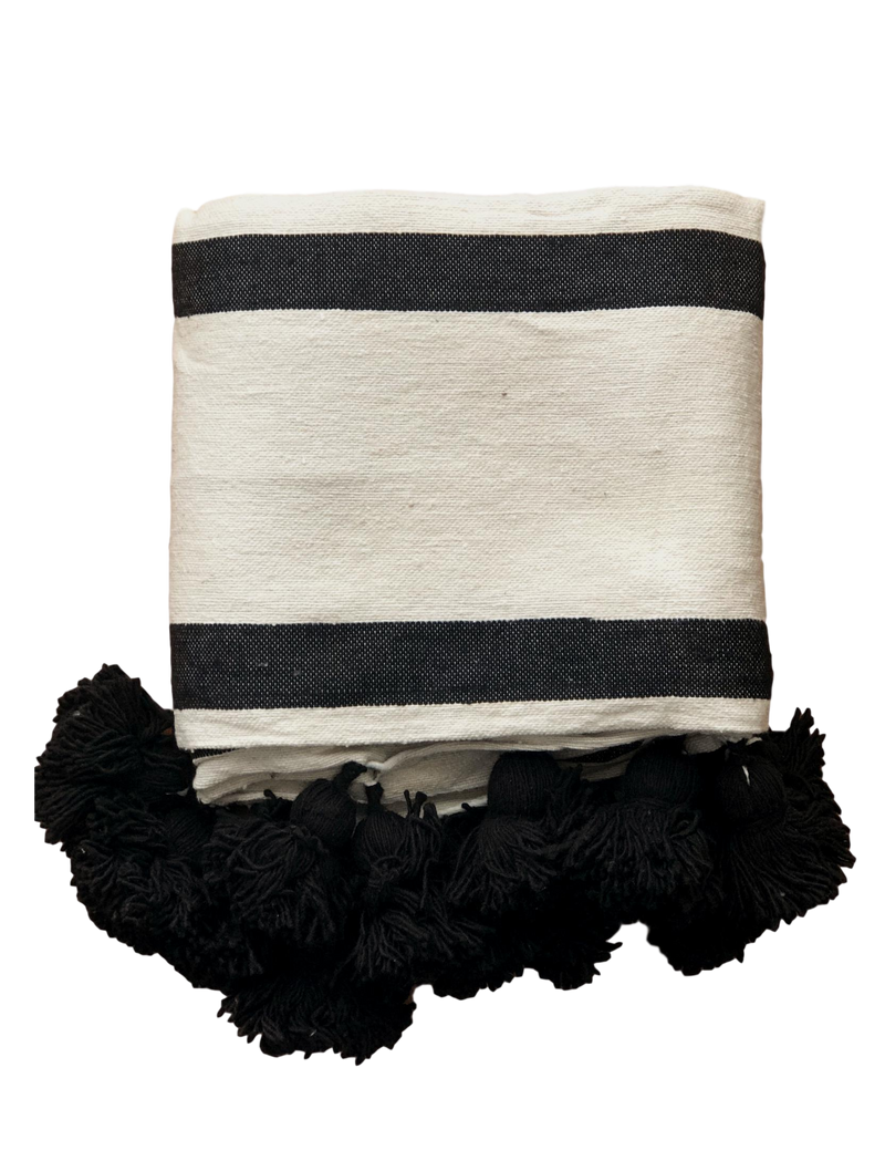 Large Cream & Black Striped Cotton Pom Pom Blanket