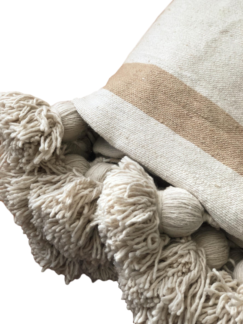 Large Cream & Oatmeal Striped Cotton Pom Pom Blanket