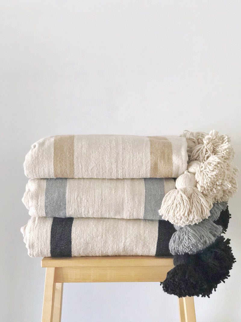 Large Cream & Gray Striped Cotton Pom Pom Blanket